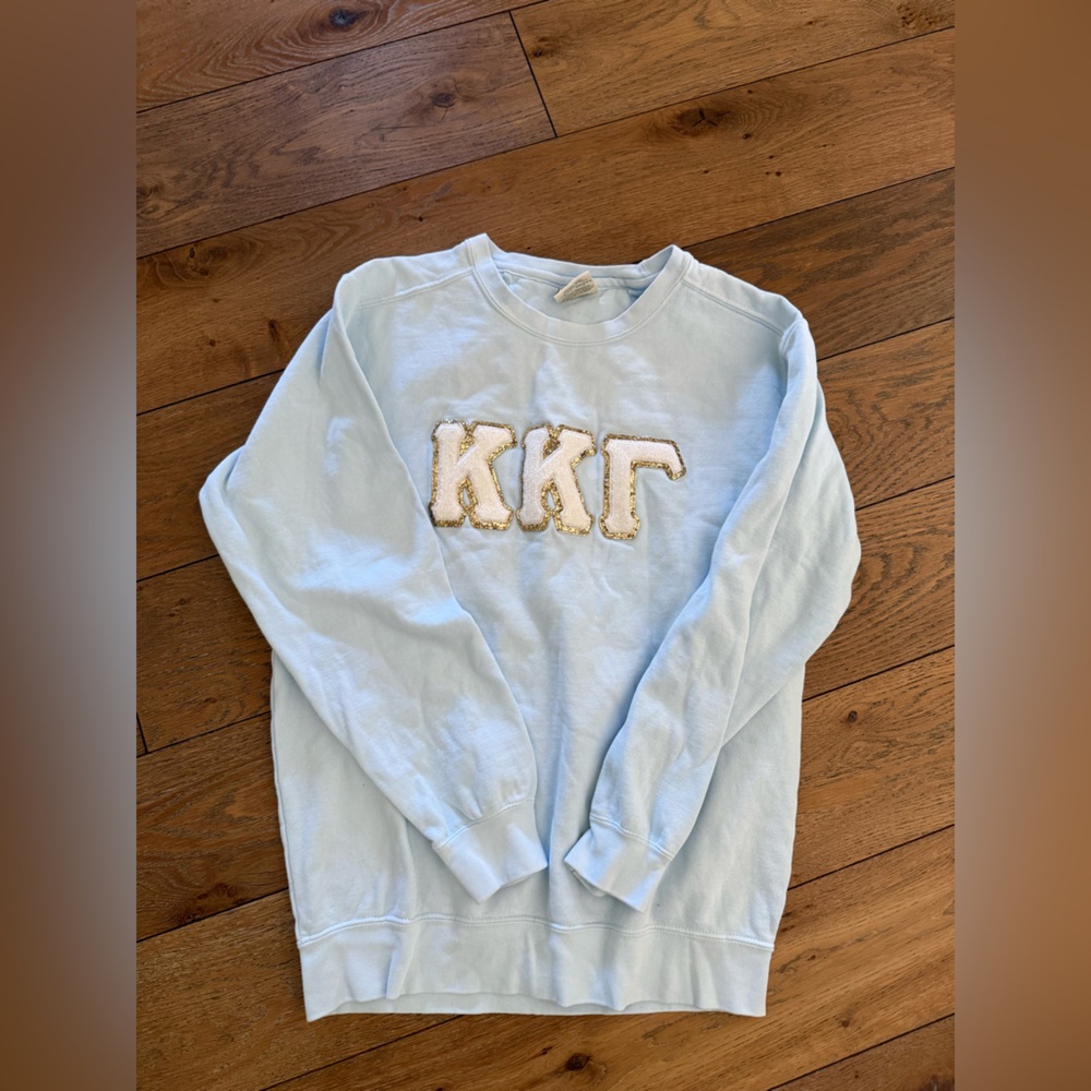 KKG Comfort Colors Light Blue Crewneck Sweatshirt with Gold Appliqué Letters